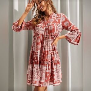 Red Paisley Print Boho Style Dress With Belle Sleeves (M)